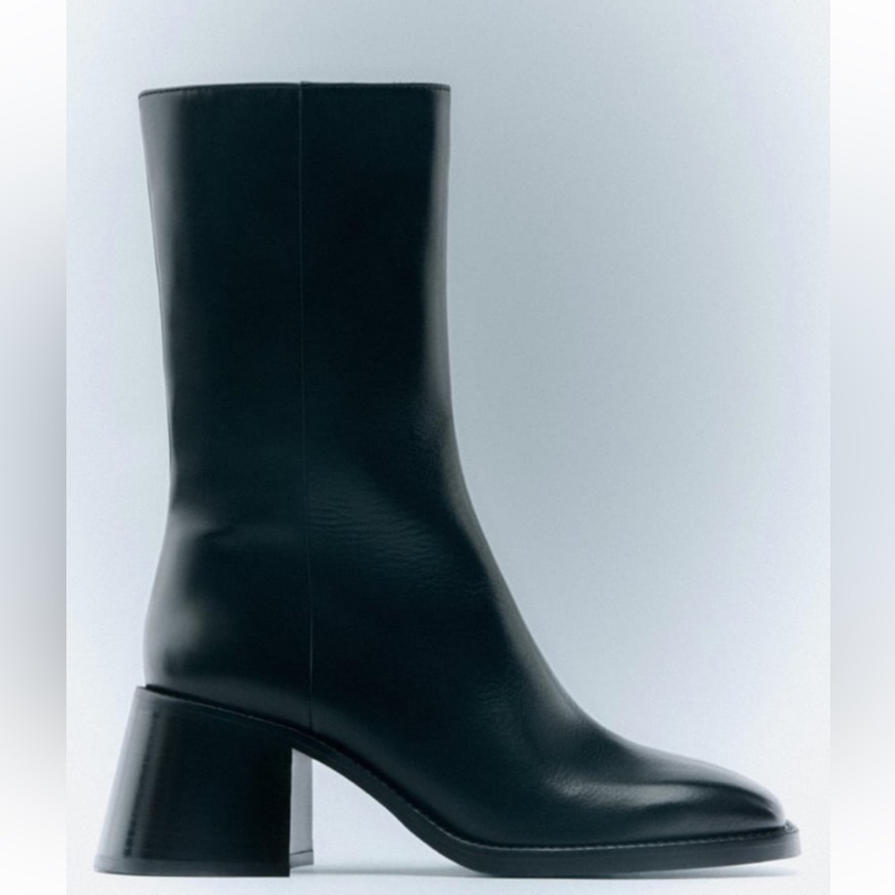Limited Edition Zara Squared Heel Ankle Leather Boots - Picture 1 of 8